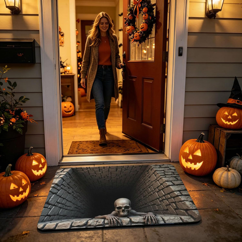 Halloween 3D Illusion Door Mat Spooky Bottomless Hole Rug Anti-Slip Floor Decor