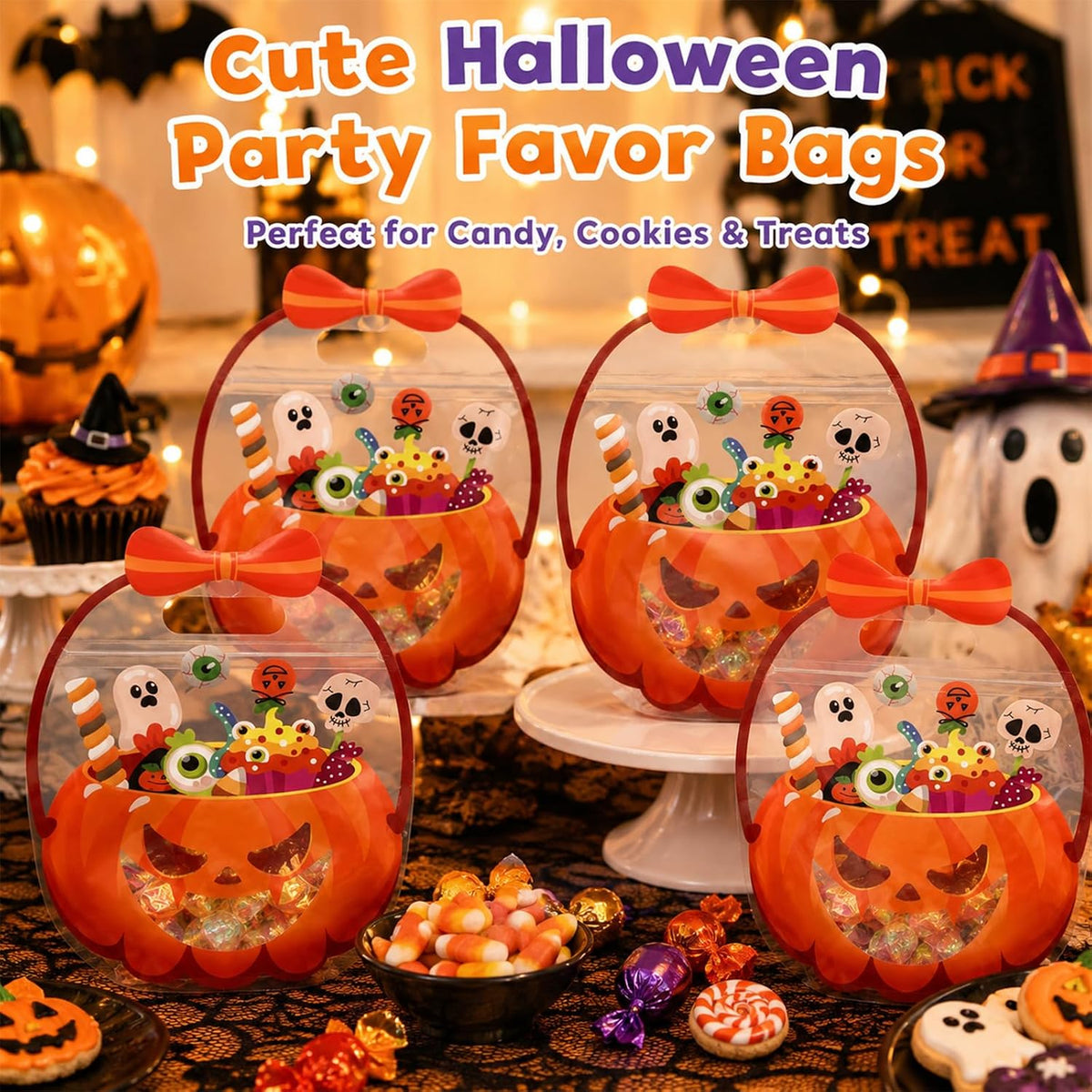 20 Pcs Pumpkin Halloween Trick or Treat Sweet Gift Bags with Handle for Kids
