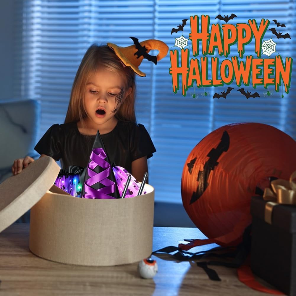 Witch Costume Set Halloween LED Tutu Dress Hat Broom Kids Fancy Dress Up